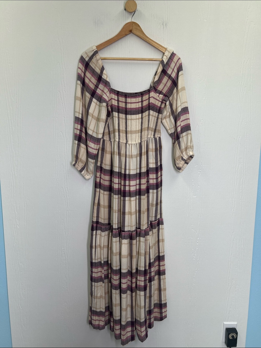 Marine Layer - Ivy Plaid Smocked Long Sleeve Square Neck Tiered Midi Dress Small - Picture 10 of 12